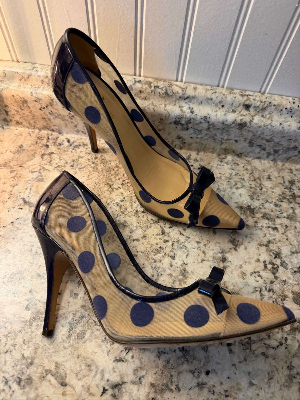 Kate Spade Heels Navy Blue Mesh Polka Dot Pointed Toe Pumps Lisa Bow Italy Sexy